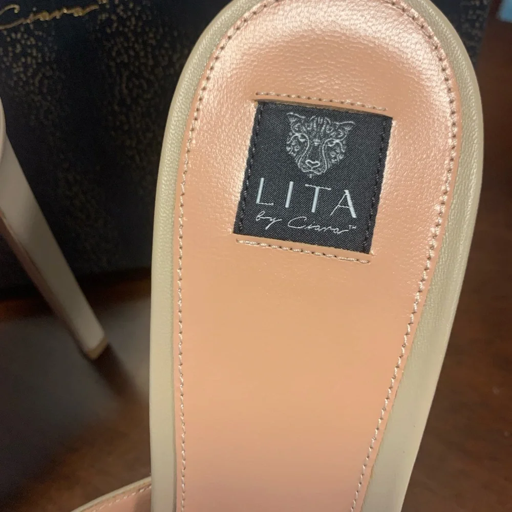 NIB Lita By Ciara /Revolve Square‎ Toe Slide Heel Sandal Size 42/11 Tan 4” Heel